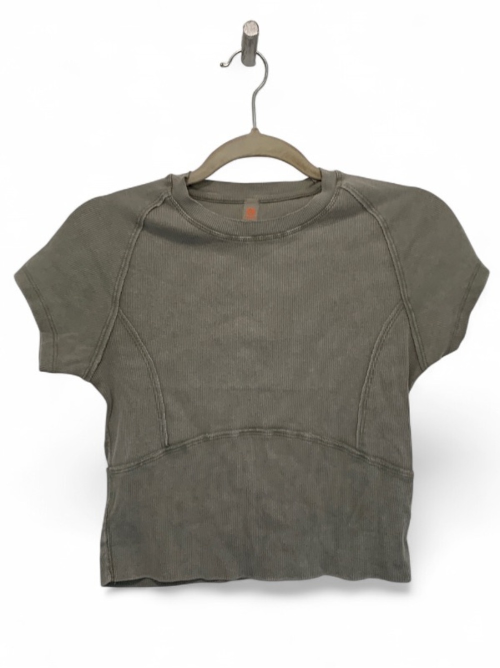 Mono B Green Ribbed Short Sleeve Cropped Top